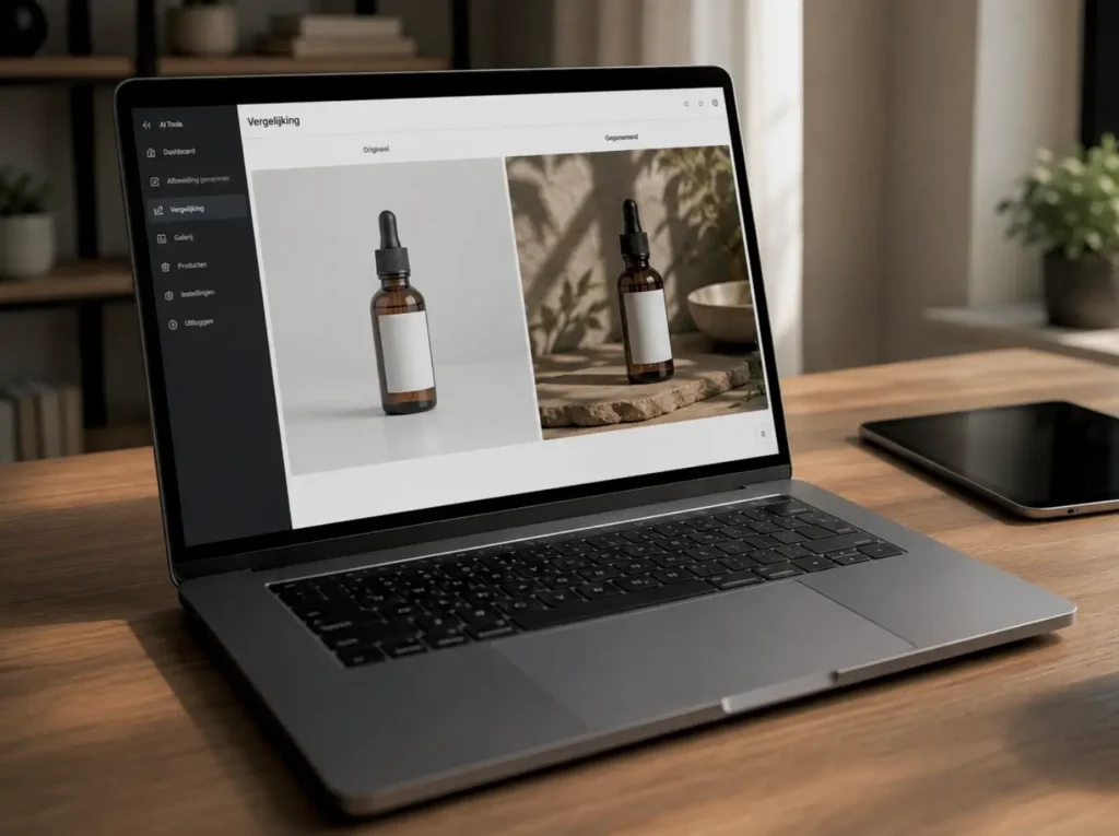Vergelijking tussen een originele productfoto en een door AI bewerkte versie met lifestyle-achtergrond
