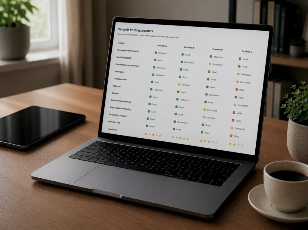 Werkplek voor het kiezen van groene hosting voor een website met vergelijking van providers en EU-datacenters