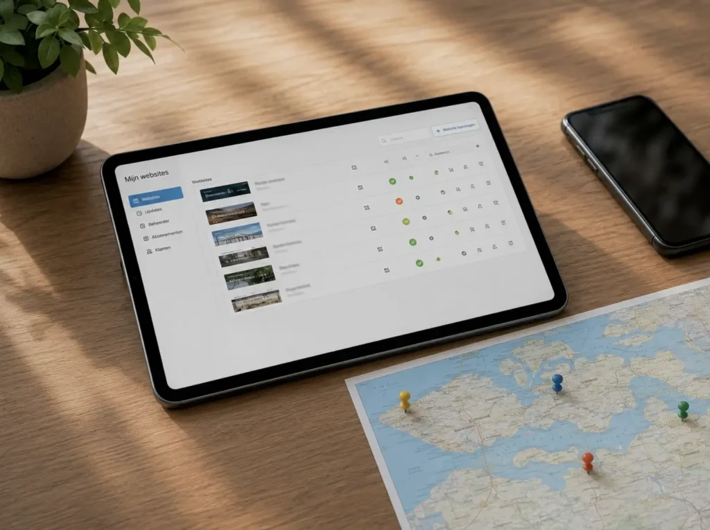 Lokale WordPress onderhoudsklanten in Zeeuws-Vlaanderen op een overzichtsdashboard met kaart van de regio