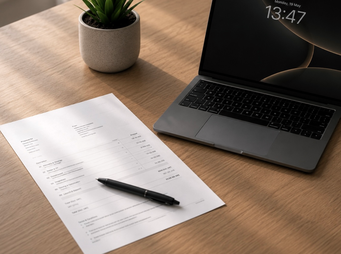 Uitgeprinte offerte met tarieven en uren op een bureau, met pen en koffie ernaast, vaste afspraken vooraf