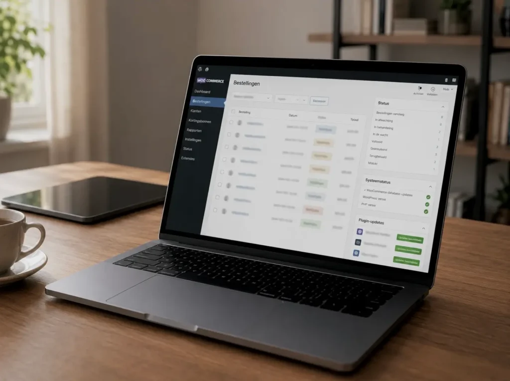 Werkplek voor maandelijks webshop onderhoud in Zeeland met WooCommerce admin en pluginstatus