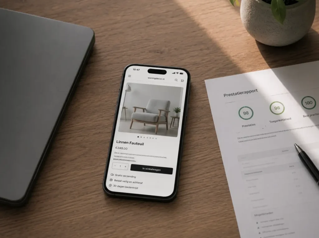 WooCommerce productpagina met snelheidsmeting op mobiel via PageSpeed Insights na compressie