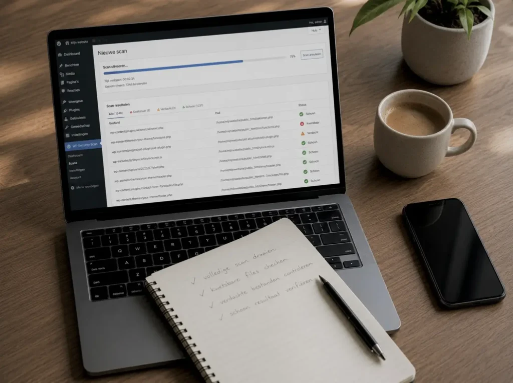 Malware-scan van een WordPress website met Wordfence om verdachte bestanden te detecteren en op te schonen