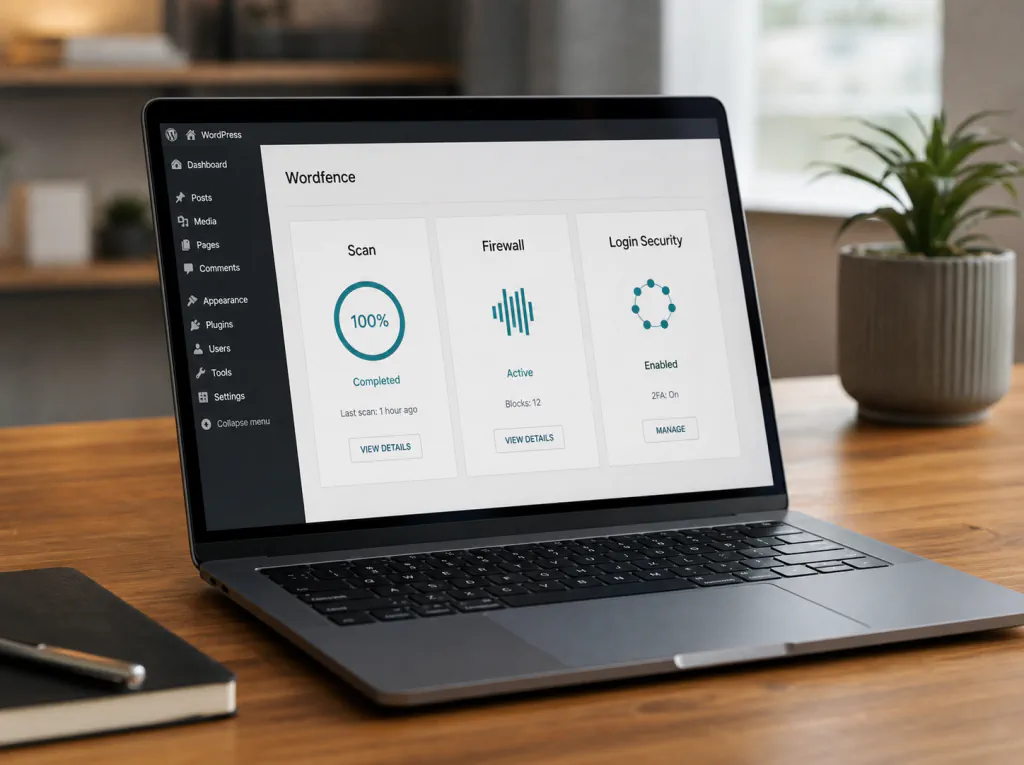Wordfence paneel in WordPress admin met scanner, firewall en login security secties