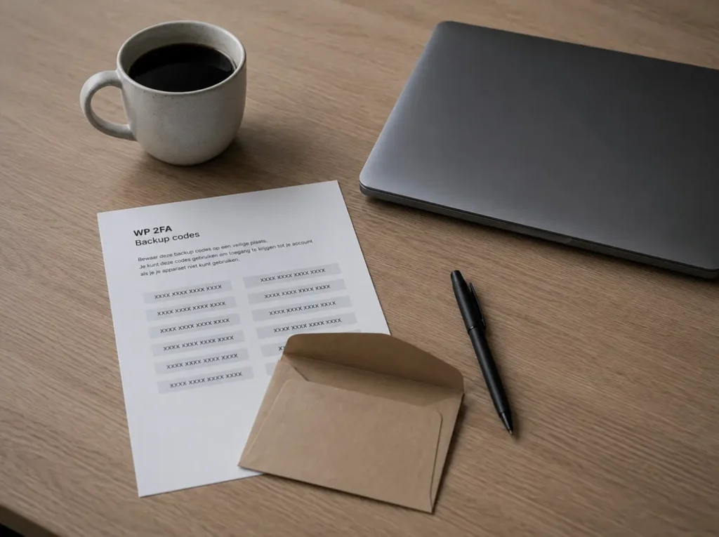 Herstelcodes voor twee-factor authenticatie afgedrukt op papier en veilig opgeslagen in een kraftpapieren envelop