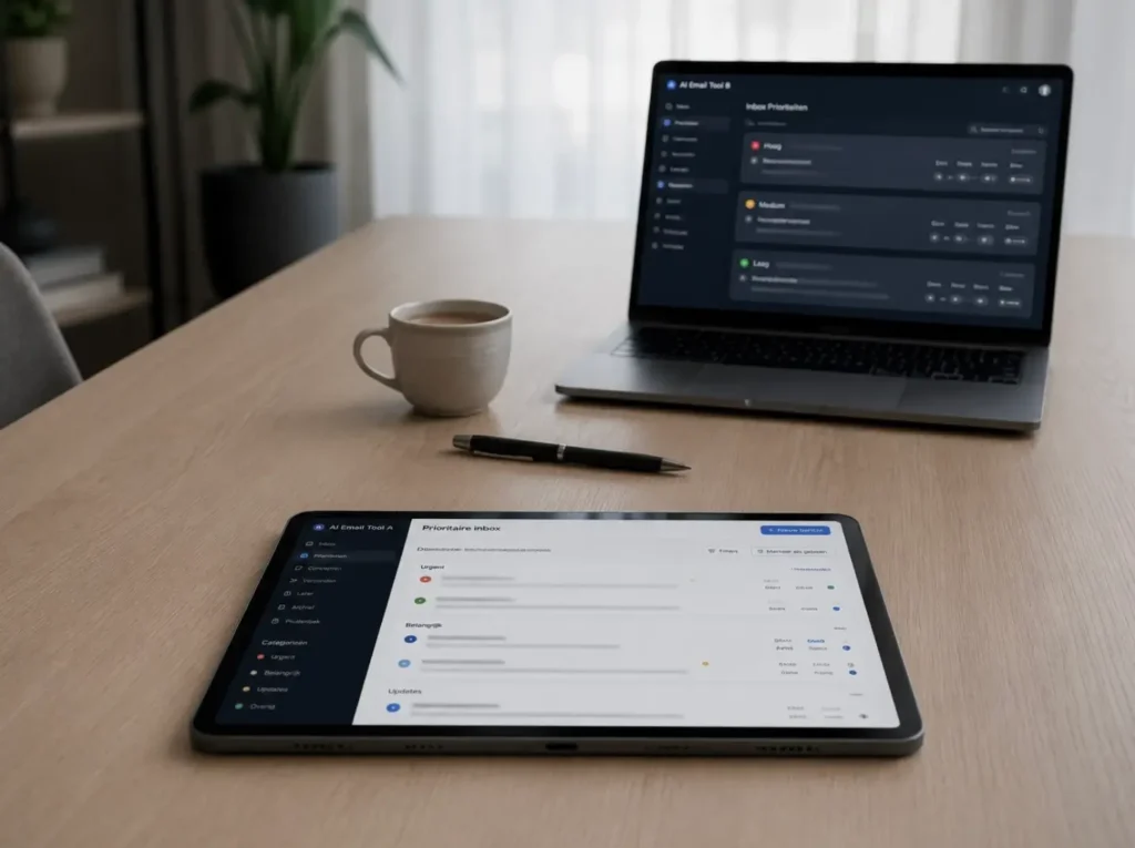 Vergelijking tussen verschillende AI email tools voor MKB zoals SaneBox en Superhuman op tablet en laptop