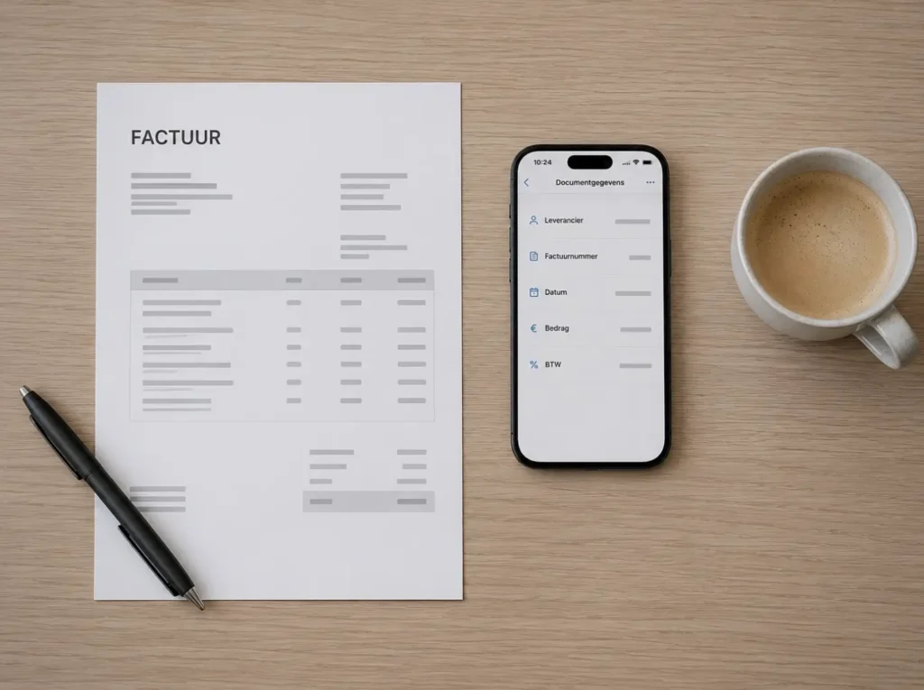 AI OCR extraheert leverancier, datum en bedrag uit een papieren factuur voor import in Moneybird