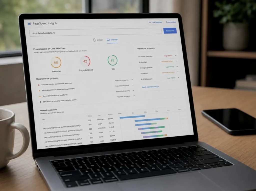 PageSpeed Insights rapport toont de impact van AI-plugins op de laadtijd van een WordPress site