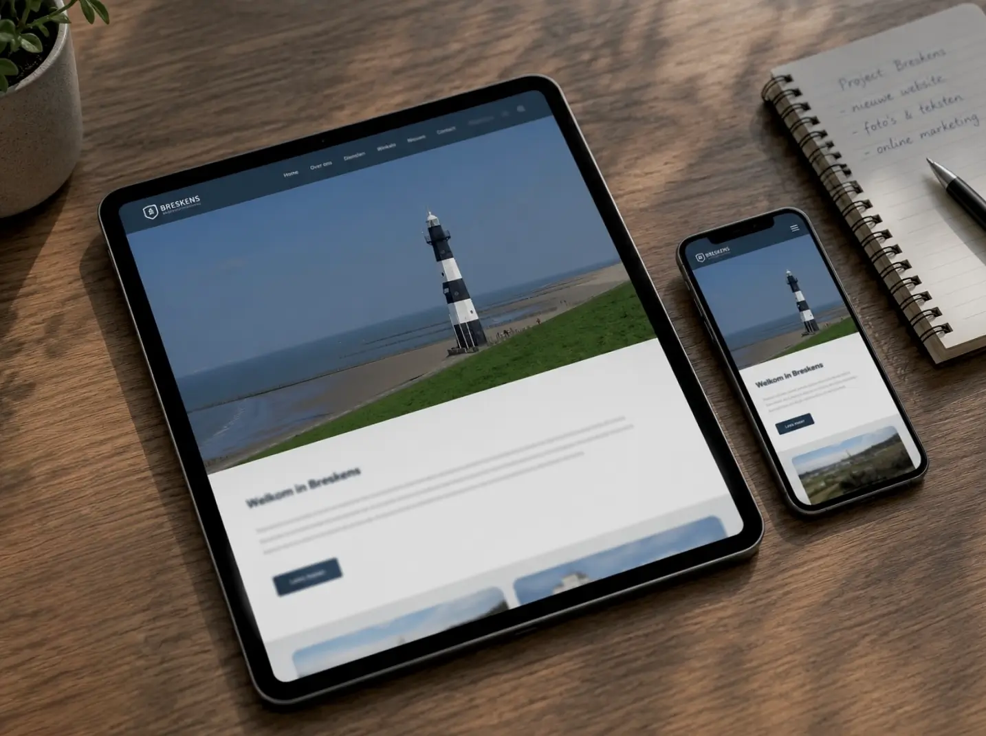 Website van een lokale Breskense ondernemer met de Vuurtoren Nieuwe Sluis als beeldherkenning
