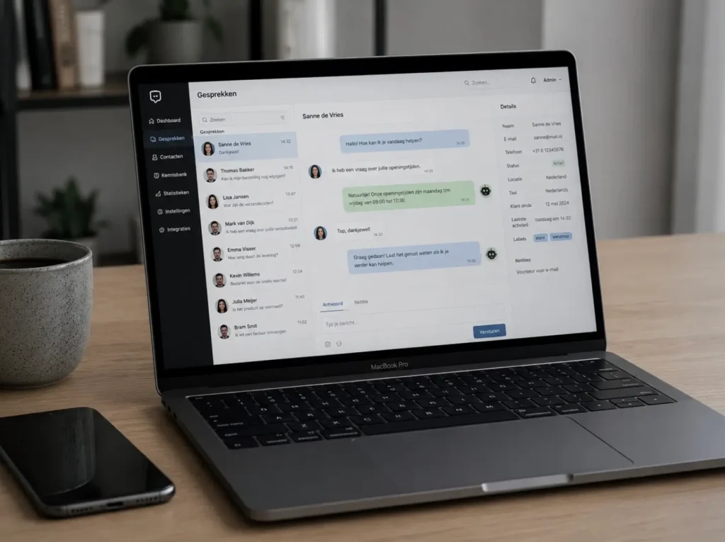 Admin-interface van een chatbot voor dienstverleners met overzicht van gesprekken en interacties