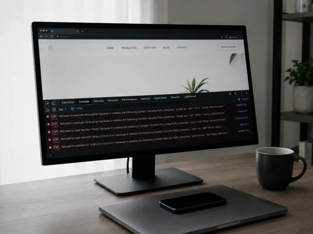 Content Security Policy conflict met WordPress page builder zichtbaar in Chrome DevTools console'