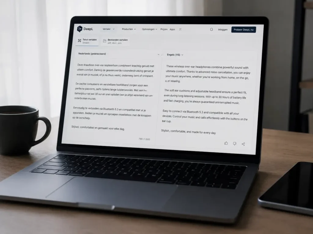 DeepL web interface voor het vertalen van een productpagina van Nederlands naar Engels voor MKB-webshop