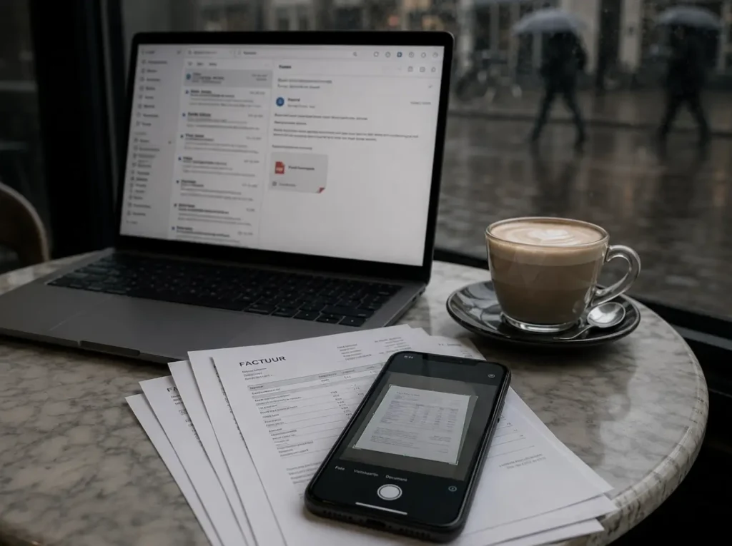 MKB-ondernemer verwerkt facturen met AI vanuit een café-werkplek met telefoon-scanner en laptop