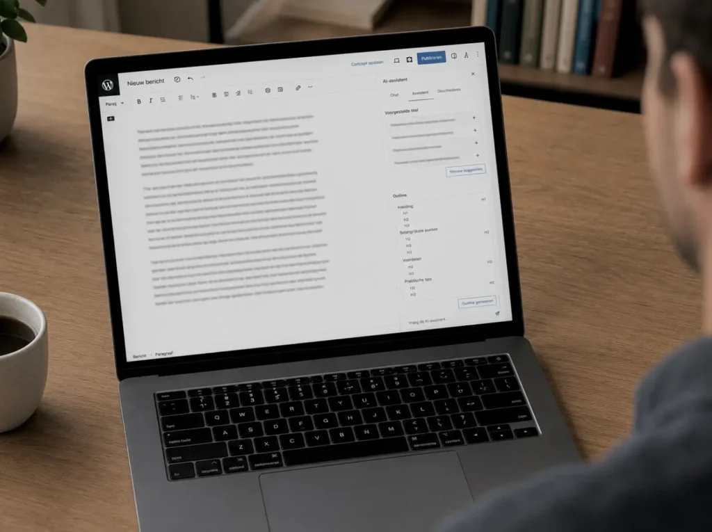 Gutenberg block editor in WordPress met AI-assistent sidebar voor titel-, outline- en tekstsuggesties