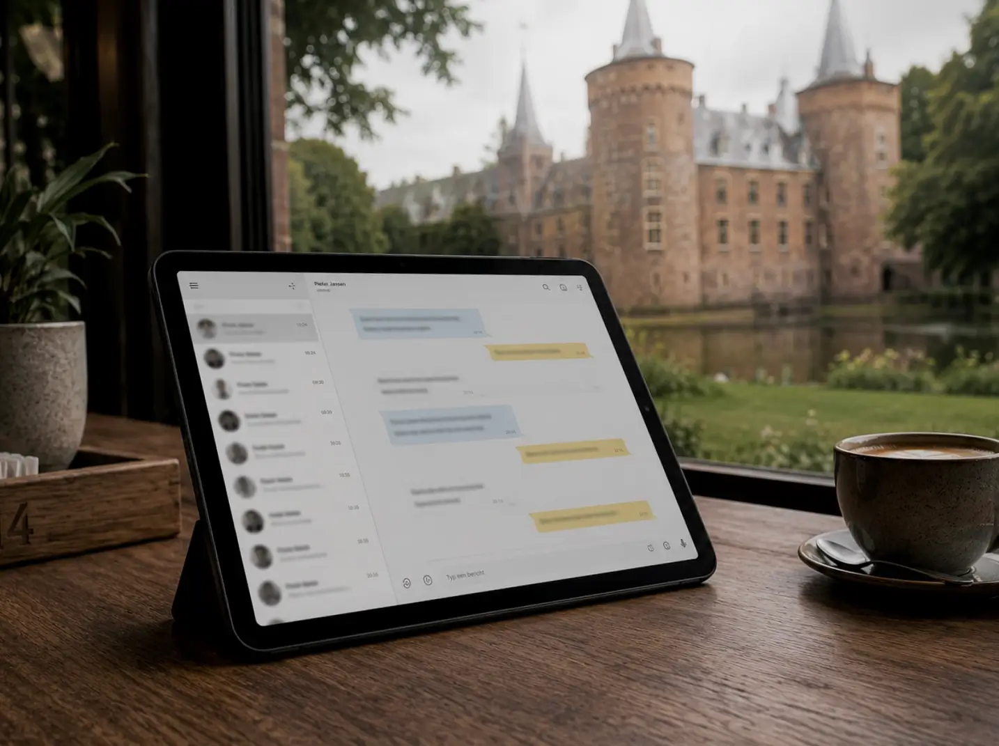 Overleg met een Helmondse ondernemer bij een kop koffie nabij het Kasteel Helmond in het centrum