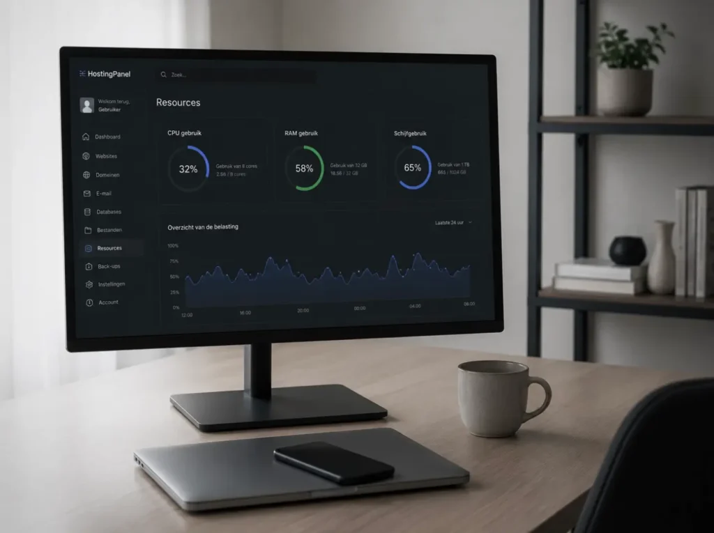 Controle van hosting-resources met CPU-, RAM- en schijfgebruik voor downtime-preventie van een MKB-website