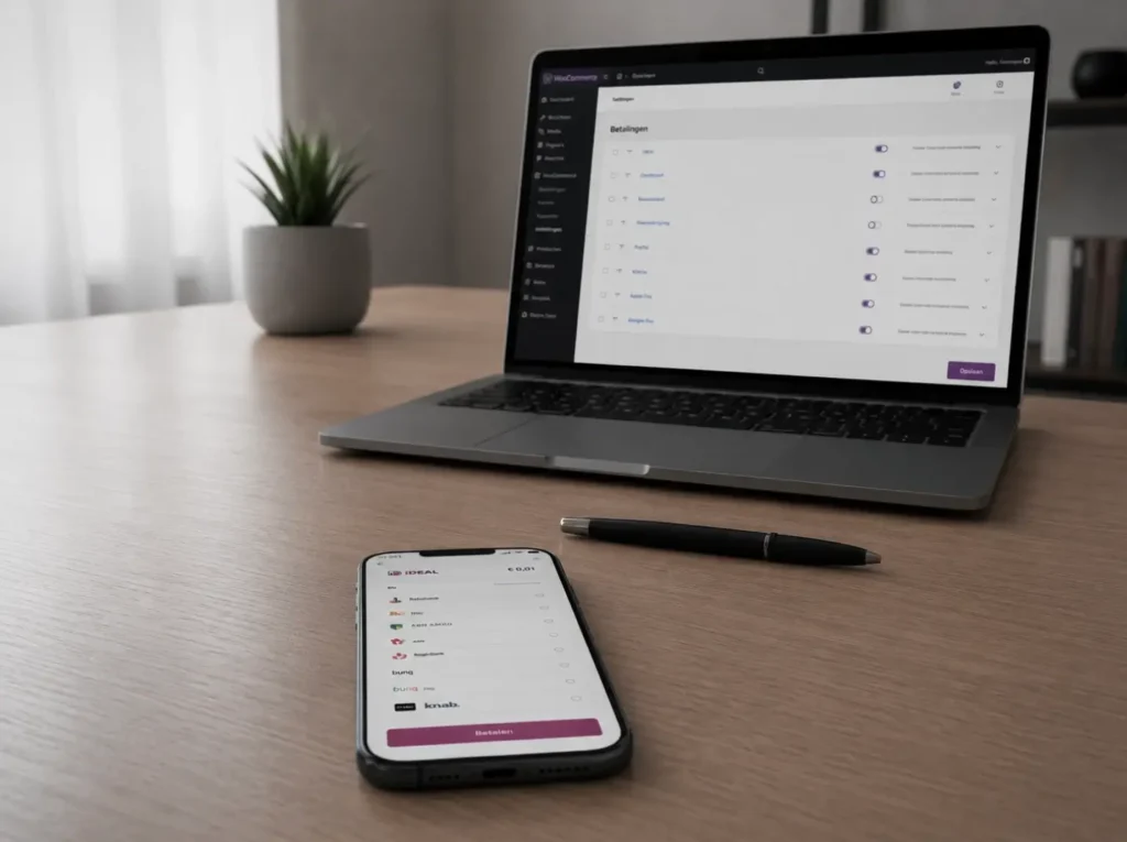 Werkplek voor het instellen van iDEAL betaling in een WooCommerce webshop met telefoon en laptop