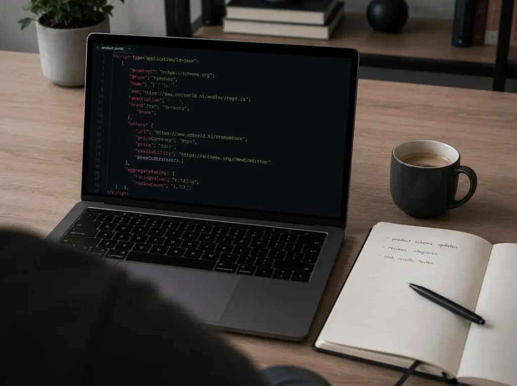JSON-LD structured data code voor WooCommerce productpagina met @type, offers en aggregateRating velden