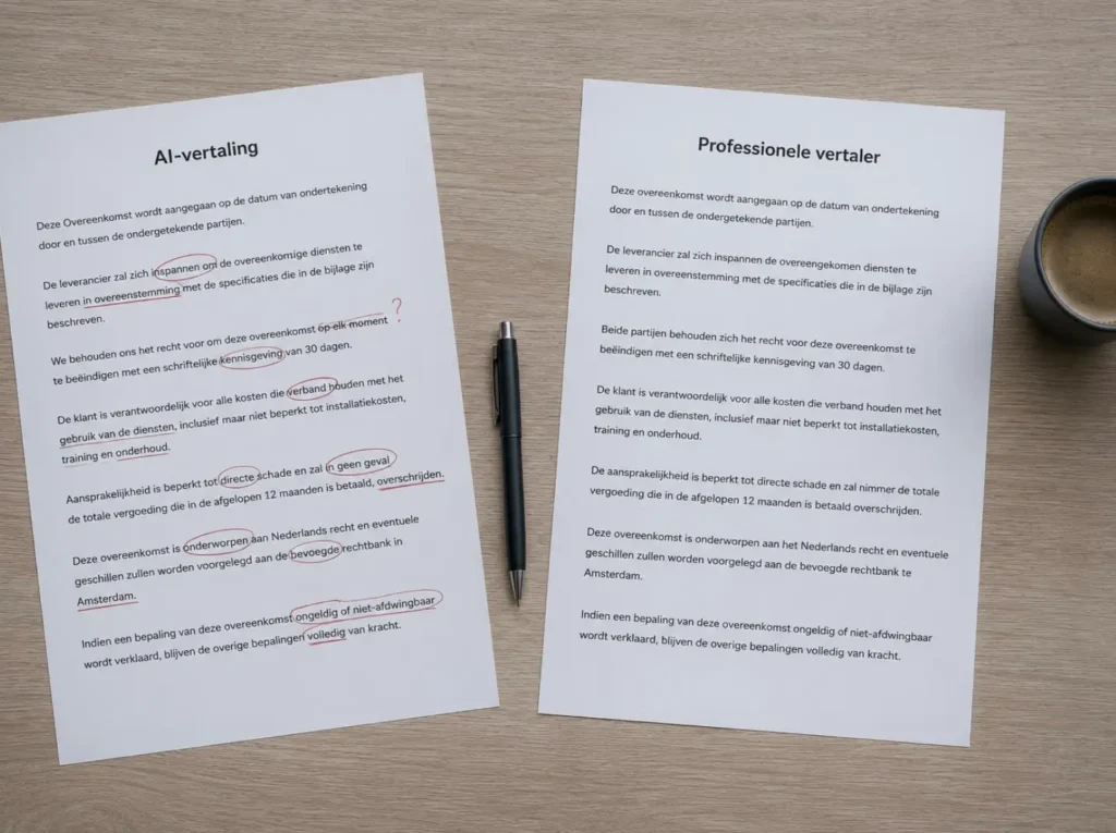 Vergelijking tussen AI-vertaling en professionele vertaler bij juridische teksten met handmatige correcties