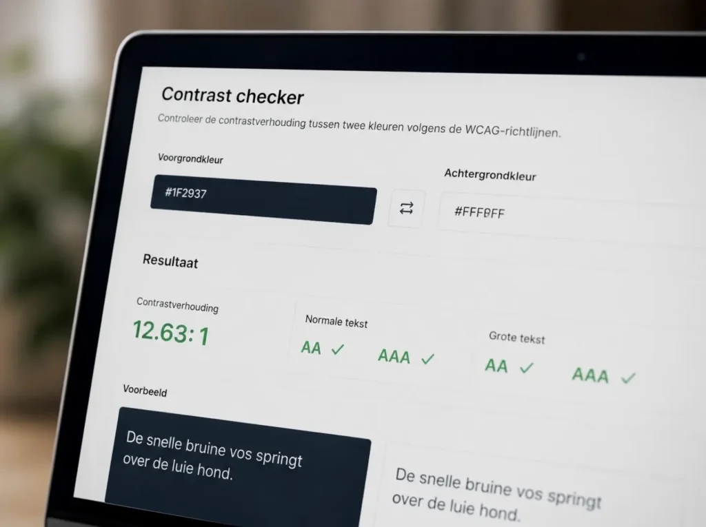Online tool voor het controleren van kleurcontrast volgens WCAG 2.1 met ratio en pass/fail score