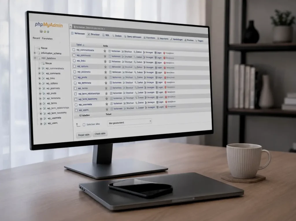 phpMyAdmin gebruikt om WordPress database-tabellen te repareren na een connectiefout