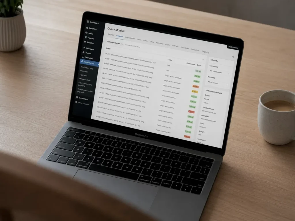 Query Monitor plug-in toont trage database-queries op een WooCommerce checkout-pagina