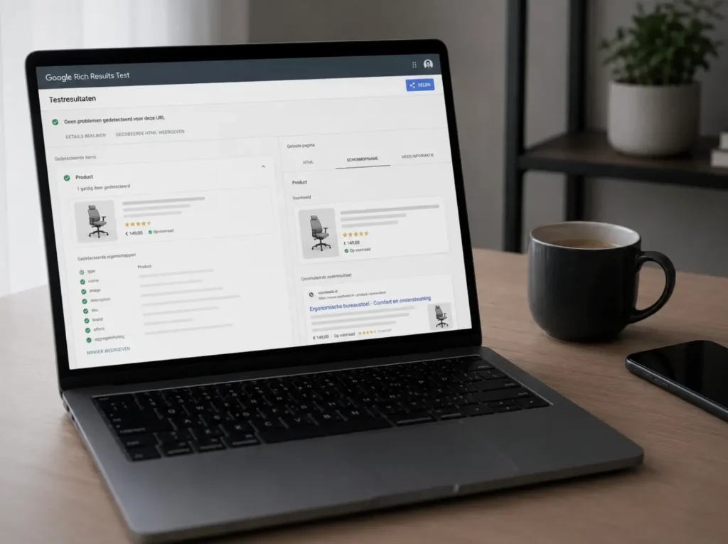 Google Rich Results Test toont valid product schema voor WooCommerce met detected items en properties