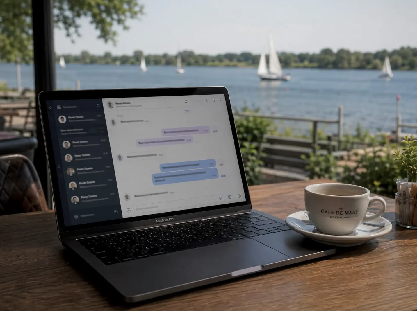 Overleg met een Roermondse ondernemer bij een kop koffie aan de Maasplassen