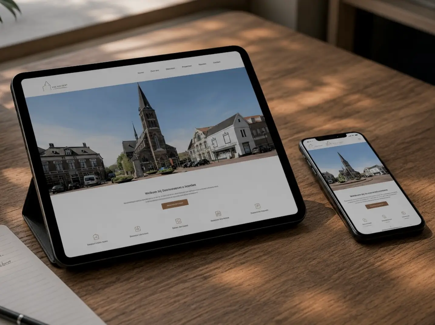 Website van een lokale ondernemer in Sas van Gent met de kerk aan het plein