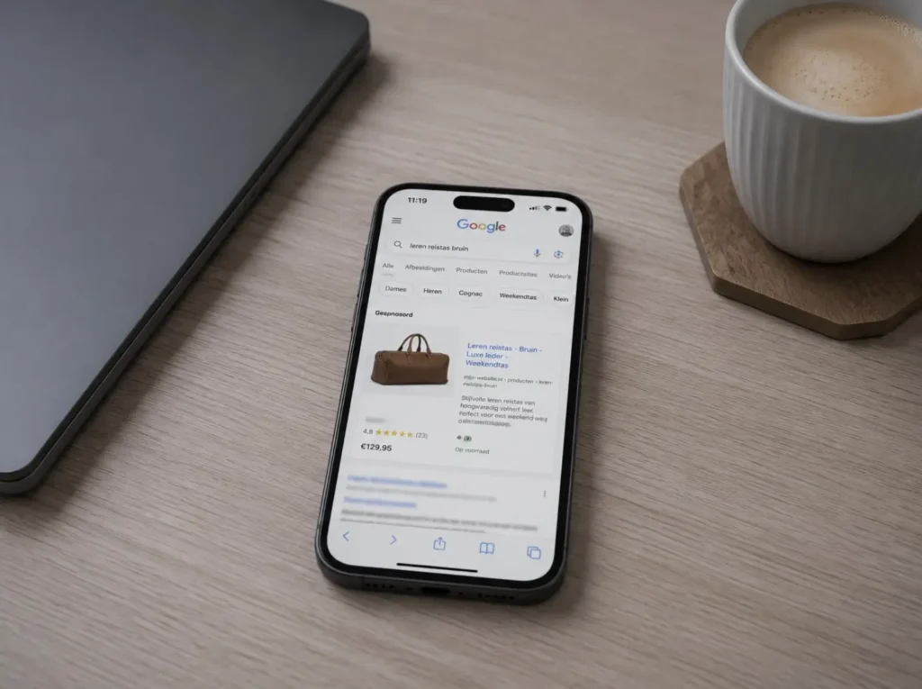 Google SERP-resultaat van een WooCommerce productpagina op mobiel met titel, beschrijving en rich snippet
