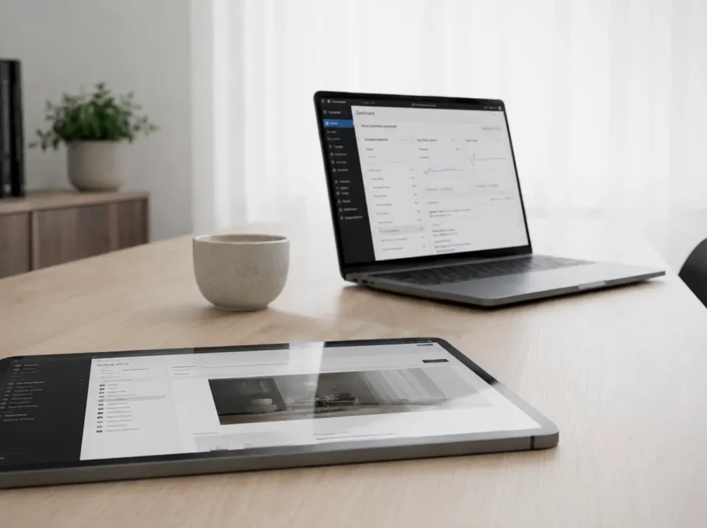 Vergelijking tussen Shopify en WooCommerce voor MKB op een werkplek met tablet en laptop