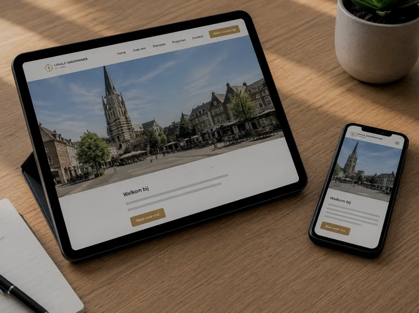 Website van een lokale Sittardse ondernemer met de Markt en de Sint-Petruskerk als beeldherkenning