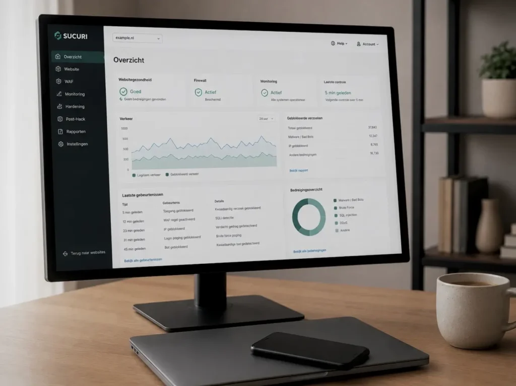 Sucuri dashboard met WAF en monitoring secties — verkeer, geblokkeerde verzoeken en events