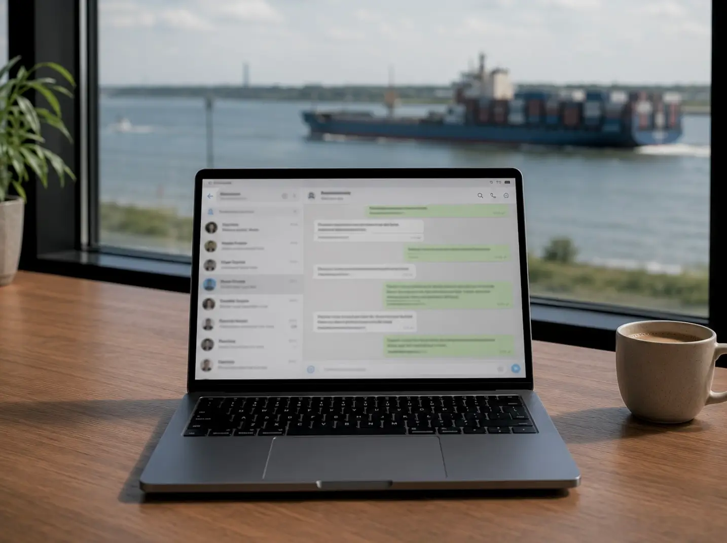 Thuiskantoor van de webmaster in Terneuzen met uitzicht op het Kanaal Gent-Terneuzen