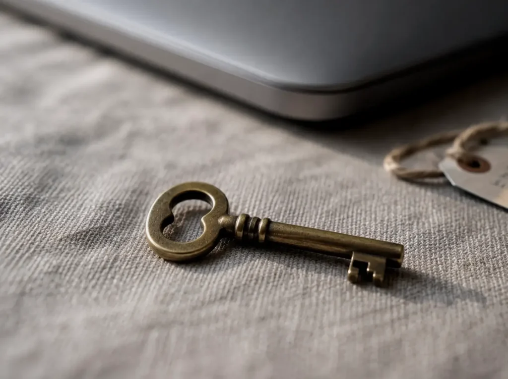 Twee-factor authenticatie als extra slot op een WordPress site, gesymboliseerd door een sleutel naast een laptop