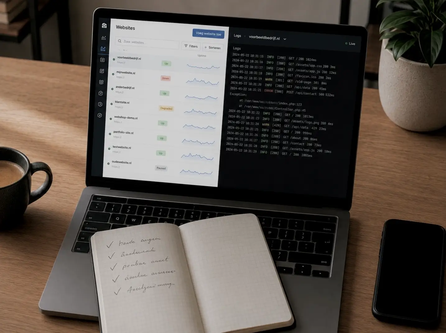 Handmatige controle van uptime via Uptime Robot en server-logs voor klantwebsites op onderhoudsabonnement