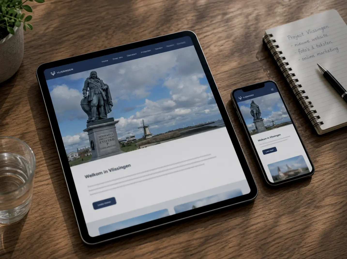 Website van een lokale Vlissingse ondernemer met de Boulevard en de Michiel de Ruyter statue als beeldherkenning