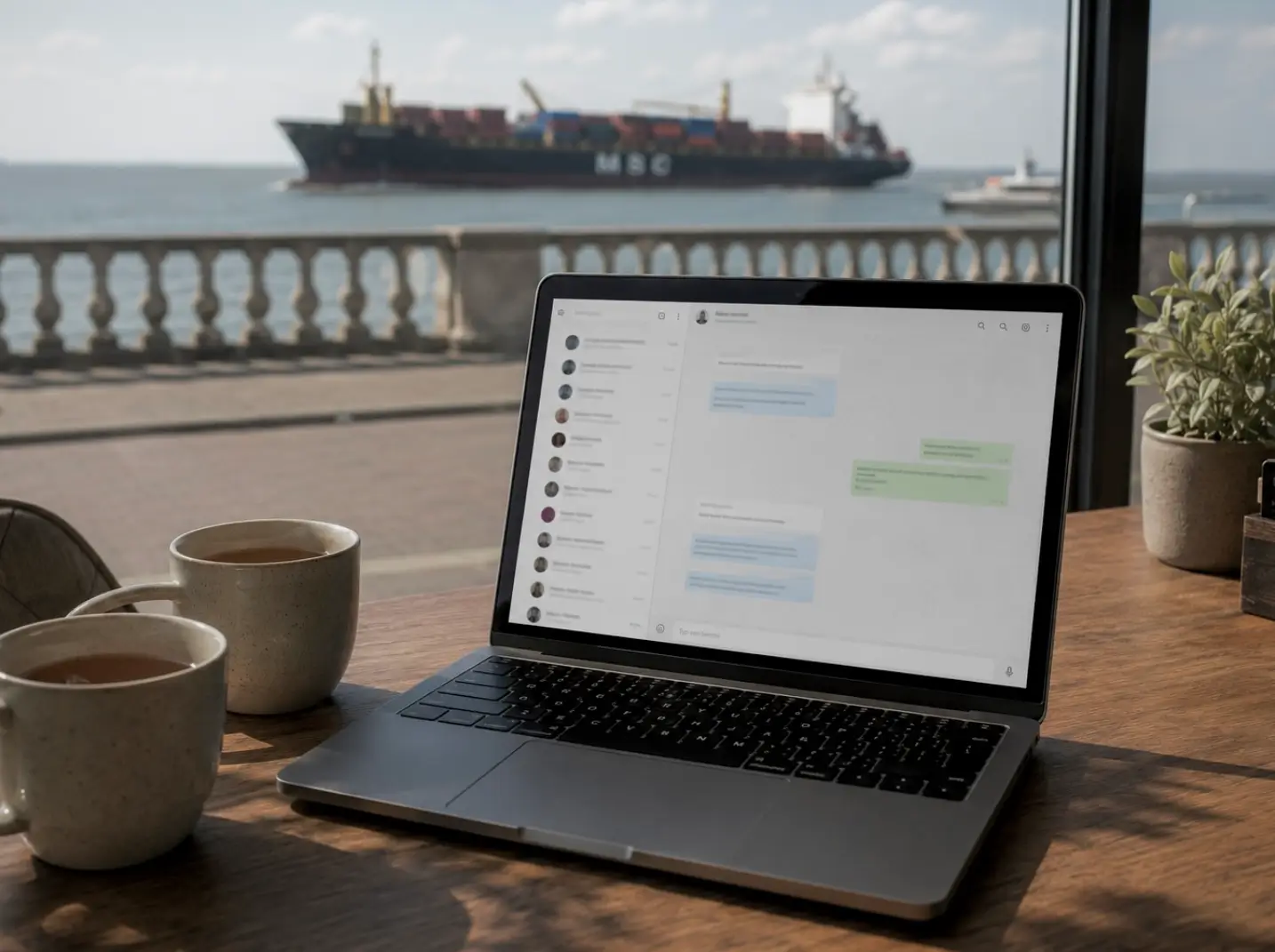 Overleg met een Vlissingse ondernemer bij een kop koffie op de Boulevard met uitzicht op de Westerschelde