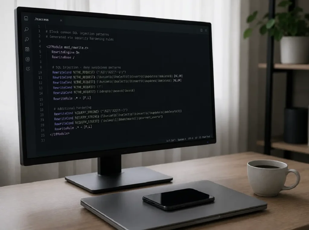 WAF-regels in .htaccess voor extra bescherming tegen SQL injection patterns op een WordPress site
