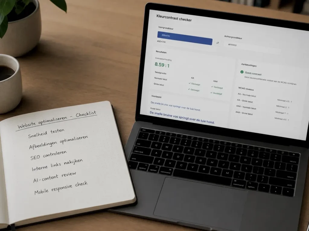 Werkplek met checklist voor een WCAG 2.1 quickscan op een kleine website — contrast, koppen, alt-teksten en toetsenbordnavigatie