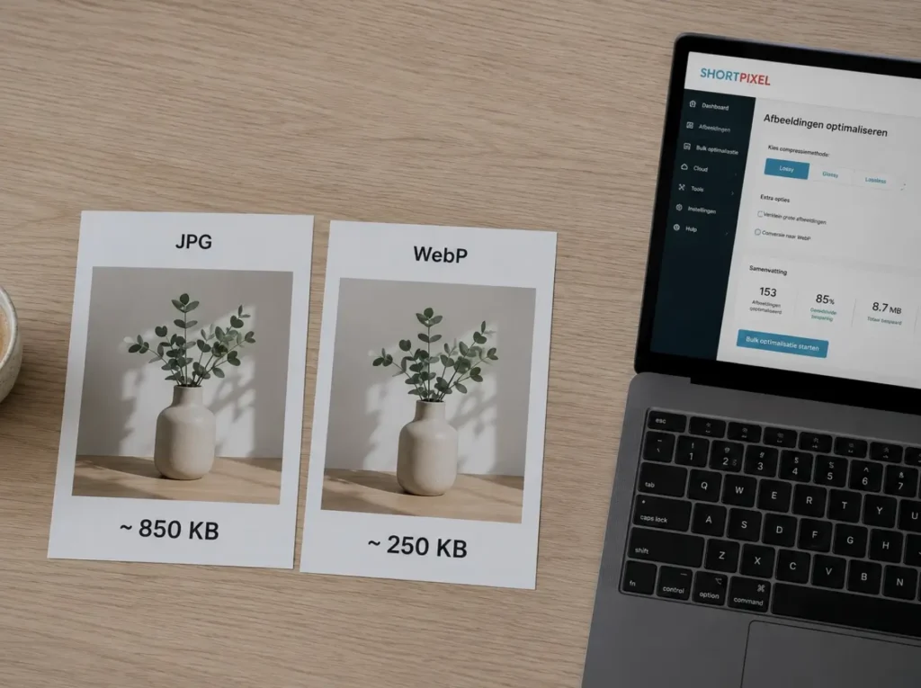Vergelijking tussen JPG en WebP fotoformaten met paginagewicht-impact voor digitale duurzaamheid