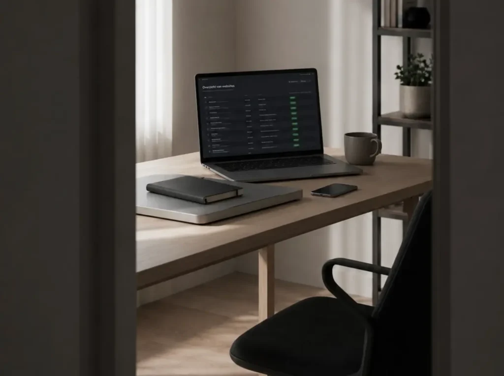 Werkplek met uptime-monitoring dashboard om website downtime voor MKB-sites te voorkomen