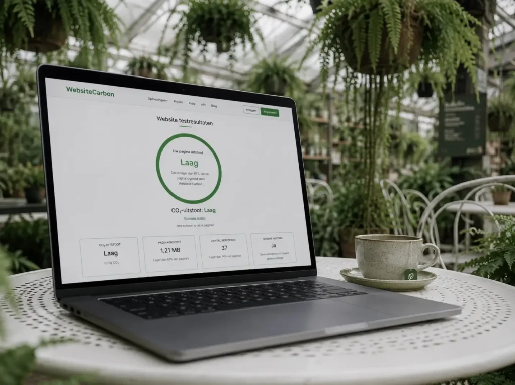 WebsiteCarbon test van een MKB-website voor digitale duurzaamheid vanuit een plant café werkplek