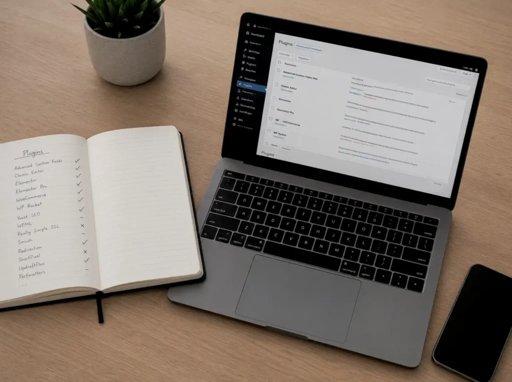 Opschoning van WooCommerce plugins op de checkout-pagina met handgeschreven checklist van actieve plugins