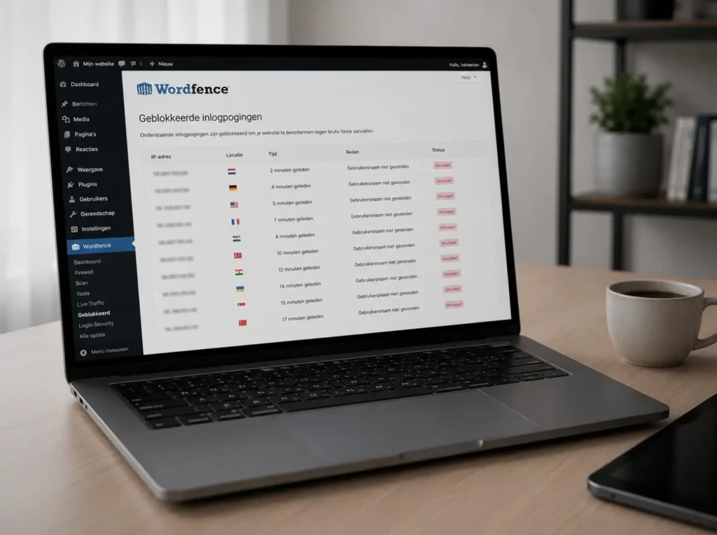 Wordfence toont geblokkeerde login-pogingen op een WordPress site na een brute-force aanval