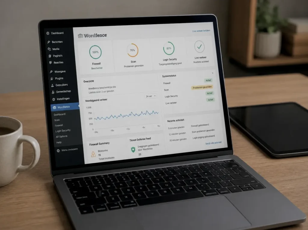 Wordfence paneel in WordPress admin met scanner, firewall en login security secties