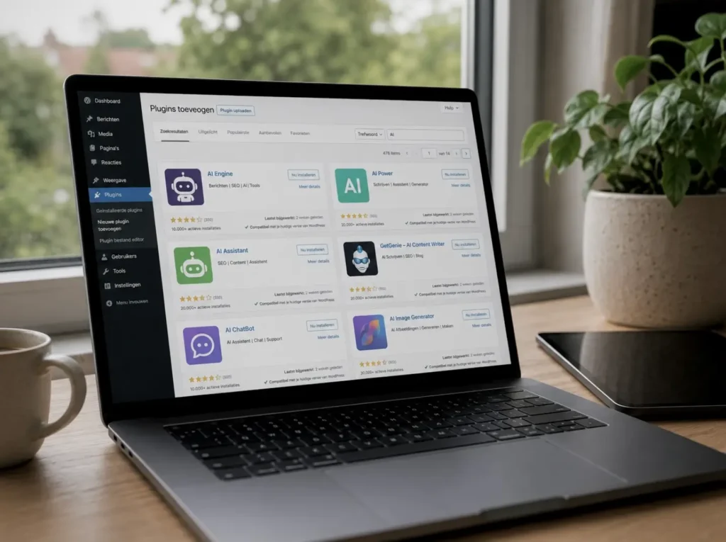 Werkplek waar AI plugins voor WordPress worden vergeleken via de plugin marketplace