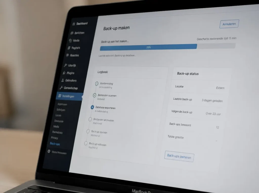 Macro-opname van een WordPress backup-proces voorafgaand aan een plugin update