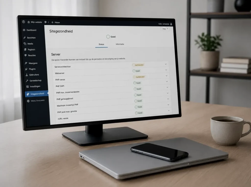 WordPress Site Health toont de PHP-versie en compatibiliteitsstatus van de website