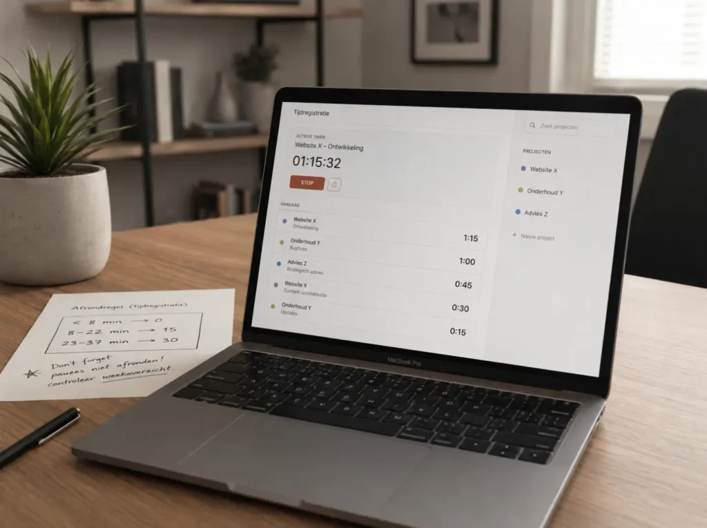 Urenregistratie met 15 minuten afronding in een time-tracking app voor een freelance webproject